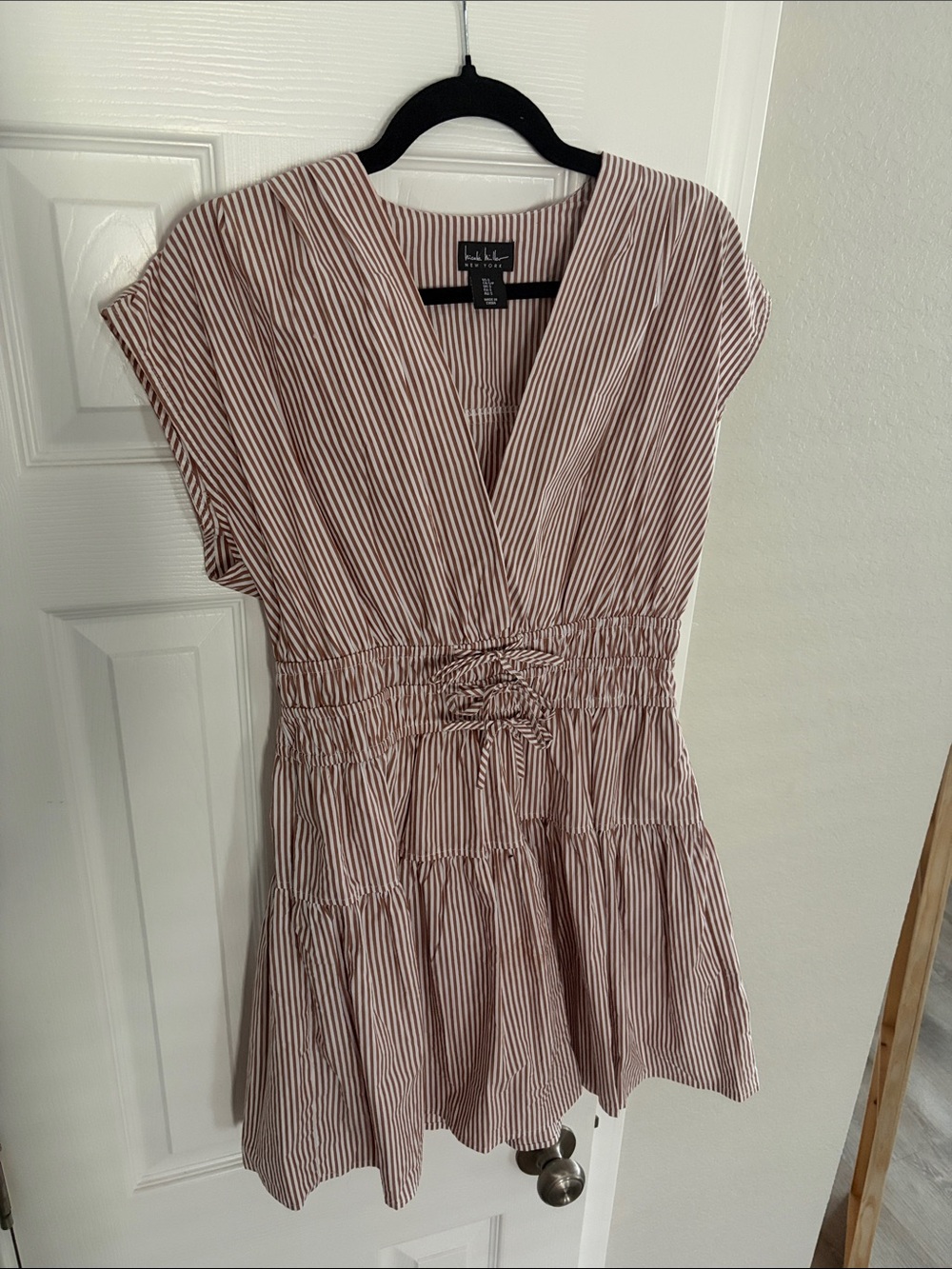 Nicole Miller Striped V-Neck Cinched Waist Dress in Rust and White
